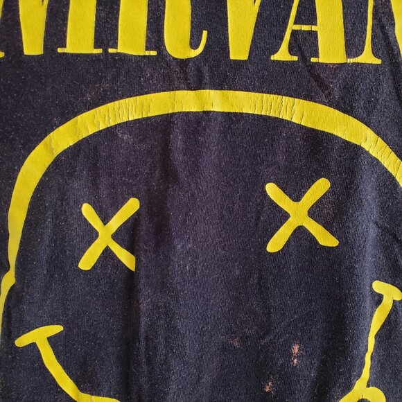 NIRVANA 100% Cotton Black - Yellow Smiley face Trashed Bleached No Holes Size L - Picture 7 of 12
